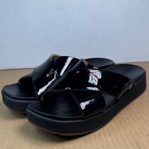 Womens UGG Emily Criss-Cross Shiny Black Leather Platform Slide Sandals, sz 8.5